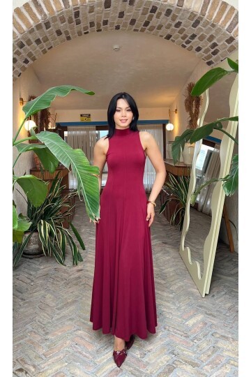 3888-BORDO SIFIR KOL BEZİK ELBİSE