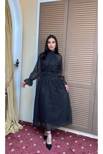 3903-SİYAH PUANTİYE DESEN BALIKÇI YAKA ŞİFON ELBİSE