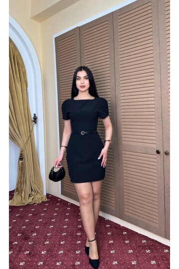 3904-SİYAH DOUBLE KUMAŞ PRENSES KOL ELBİSE