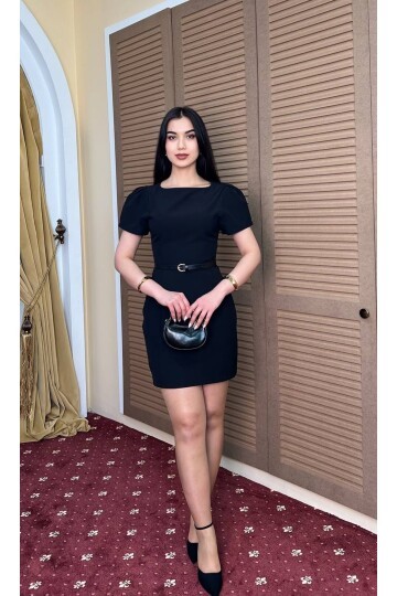 3904-SİYAH DOUBLE KUMAŞ PRENSES KOL ELBİSE