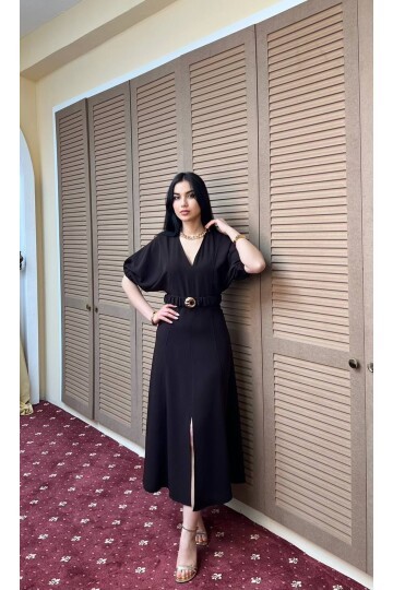 3909-KAHVERENGİ OUBLE KUMAŞ KENDİNDEN BROŞ KEMERLİ ELBİSE