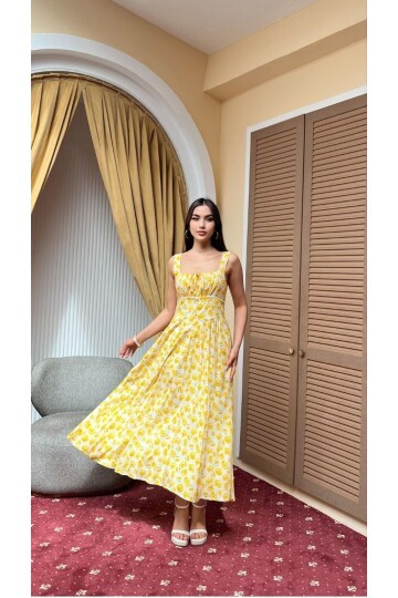 3917-SARI ÇİÇEK DESEN VİSKON ELBİSE
