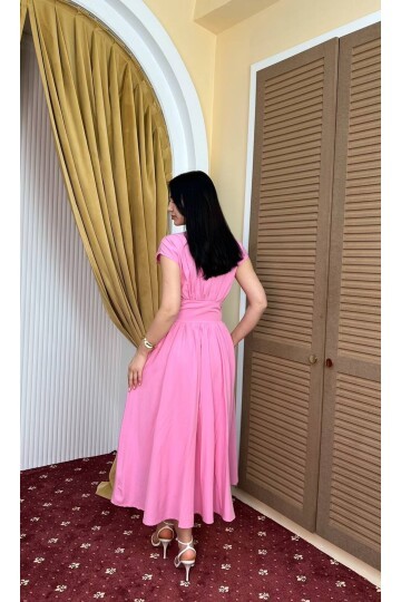 3924-PEMBE POPLİN KUMAŞ KOMPLE DÜĞMELİ ELBİSE