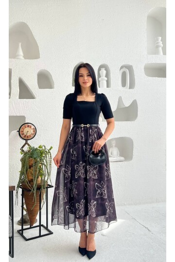 3931-SİYAH  ÜST KREP ALT ŞİFON ŞAL DESEN KISA KOL ELBİSE