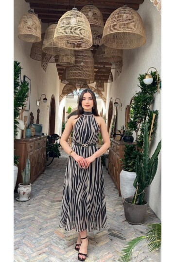 3982-ZEBRA DESEN HLATER YAKA ELBİSE