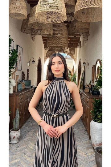 3982-ZEBRA DESEN HLATER YAKA ELBİSE