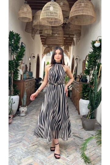 3982-ZEBRA DESEN HLATER YAKA ELBİSE