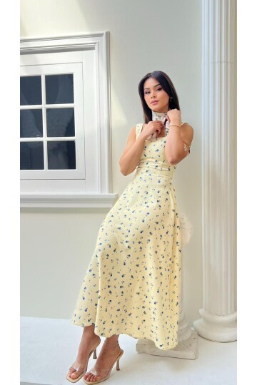 4009- SARI KALIN ASKILI ÇITIR ÇİÇEKLİ DOUBLE ELBİSE